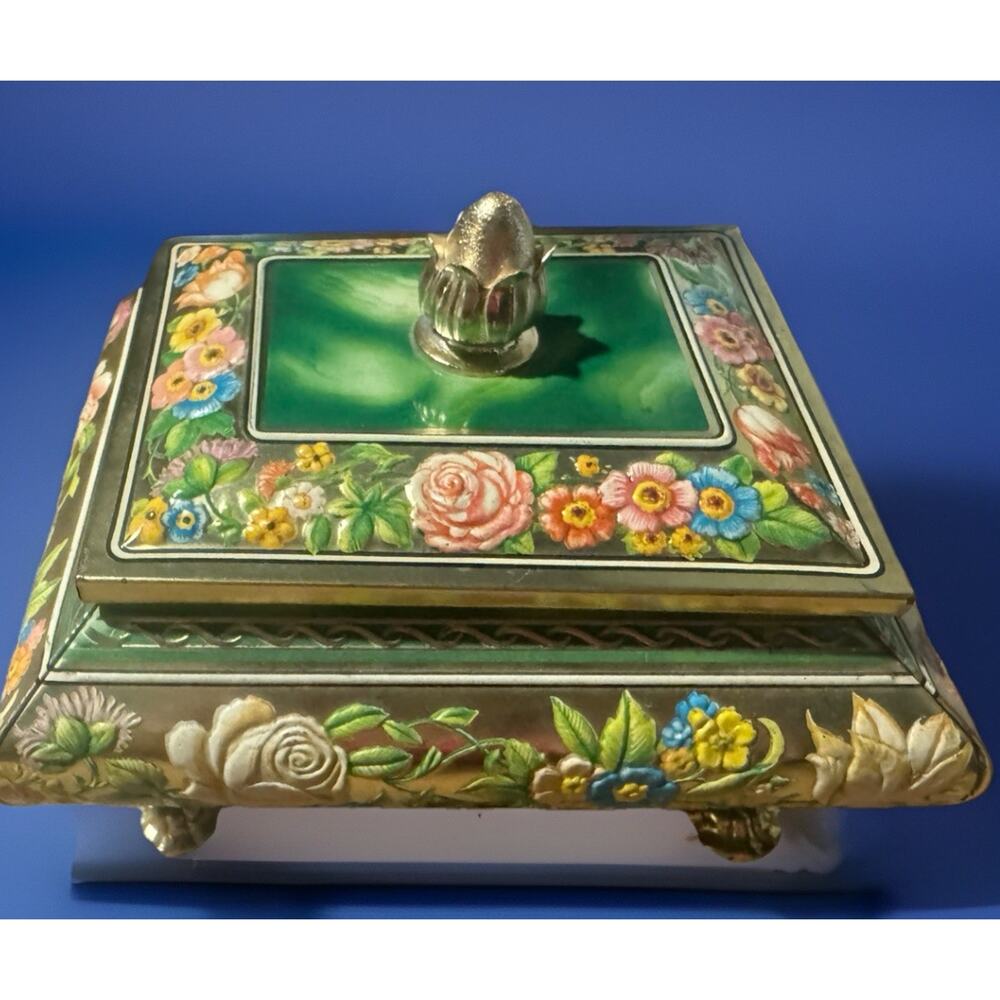 Vintage Blue Bird Confectionery Footed Tin English Floral | Dark Cottage Vanity - Picture 8 of 10